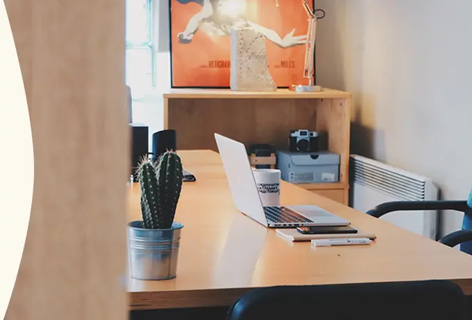 An office desk with a laptop, pens, a cactus, and a camera, with a modern and minimalist design.