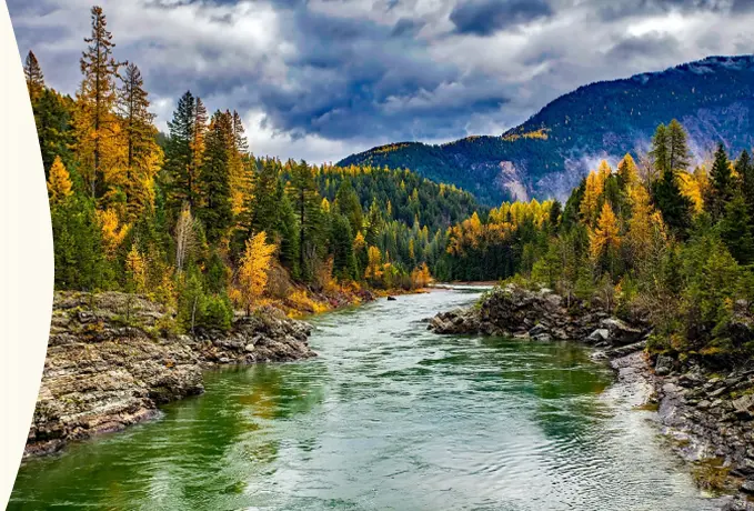 Scenic view of a river surrounded by trees in autumn, with mountains in the distance under a cloudy sky.