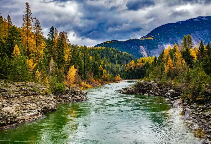 Scenic view of a river surrounded by trees in autumn, with mountains in the distance under a cloudy sky.